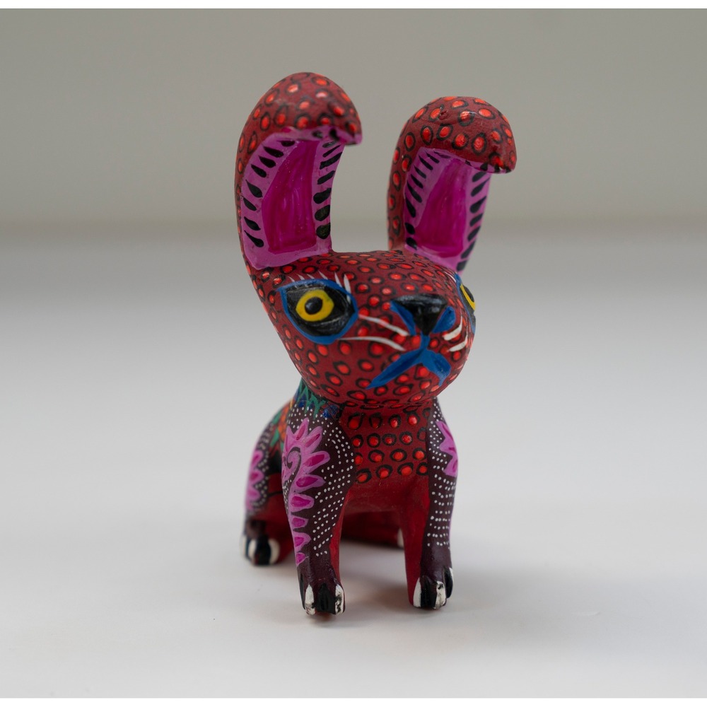 Rabbit Wood Carving Mexican Folk Art Red Pink Small